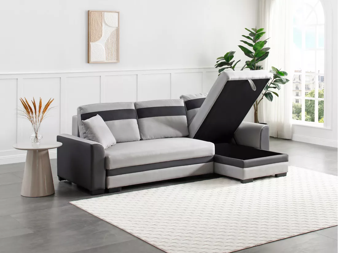 Canapé d'angle réversible et convertible en tissu et simili gris clair GIANY II
