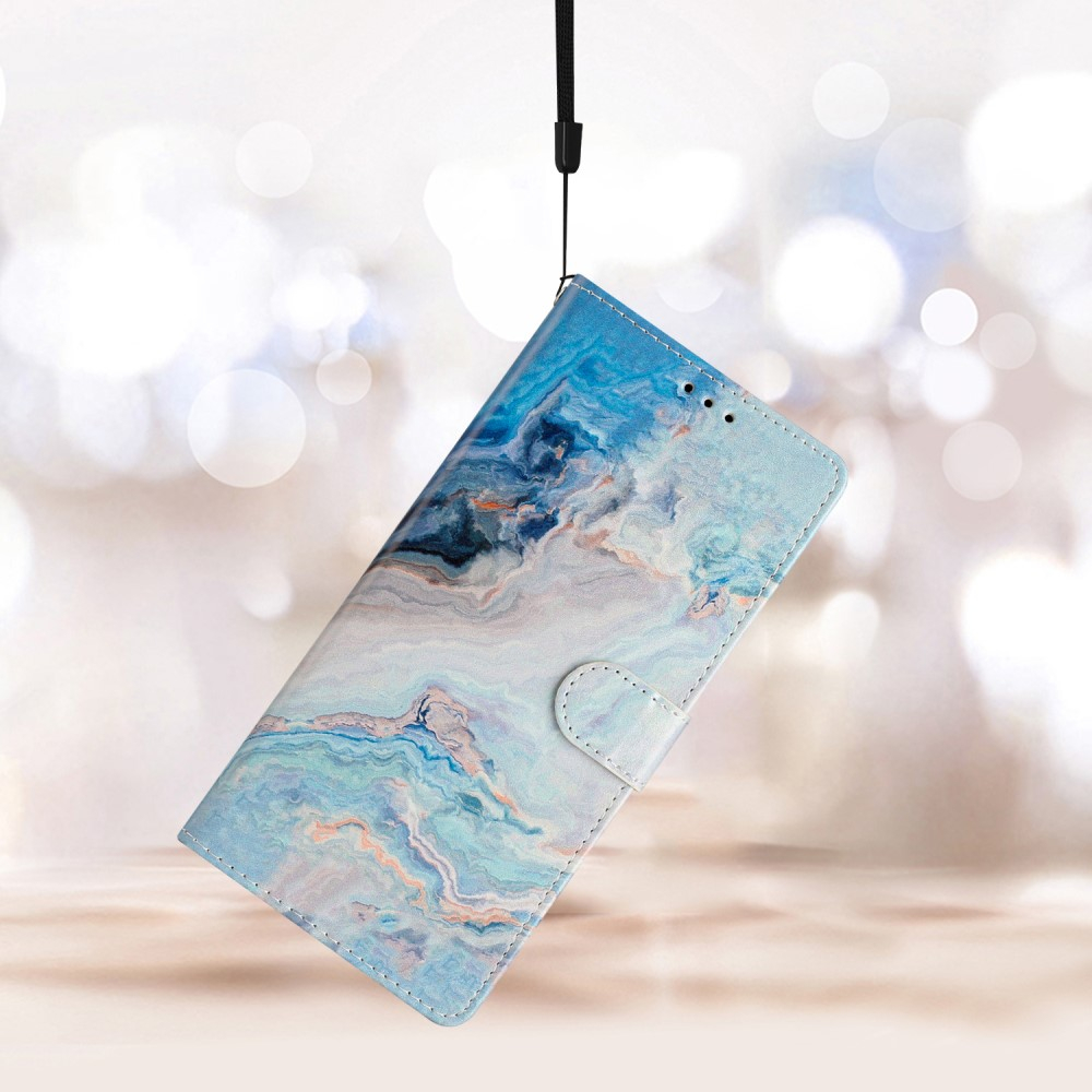 iPhone 15 Pro Leder Tasche mit Kartenfächern - Marble Marmor (Blau)