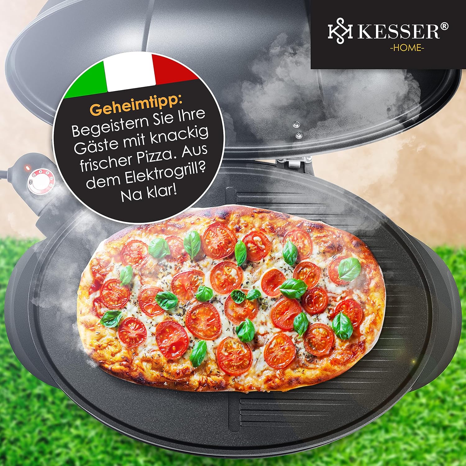 KESSER® elektrischer Elektrogrill 2in1 Tischgrill - Standgrill mit Deckel Standfuß | max. 2400 Watt Thermometer | Antihaftbeschichtung | XXL Grillplatte | integrierte Ablagefläche Elektro-Säulengrill