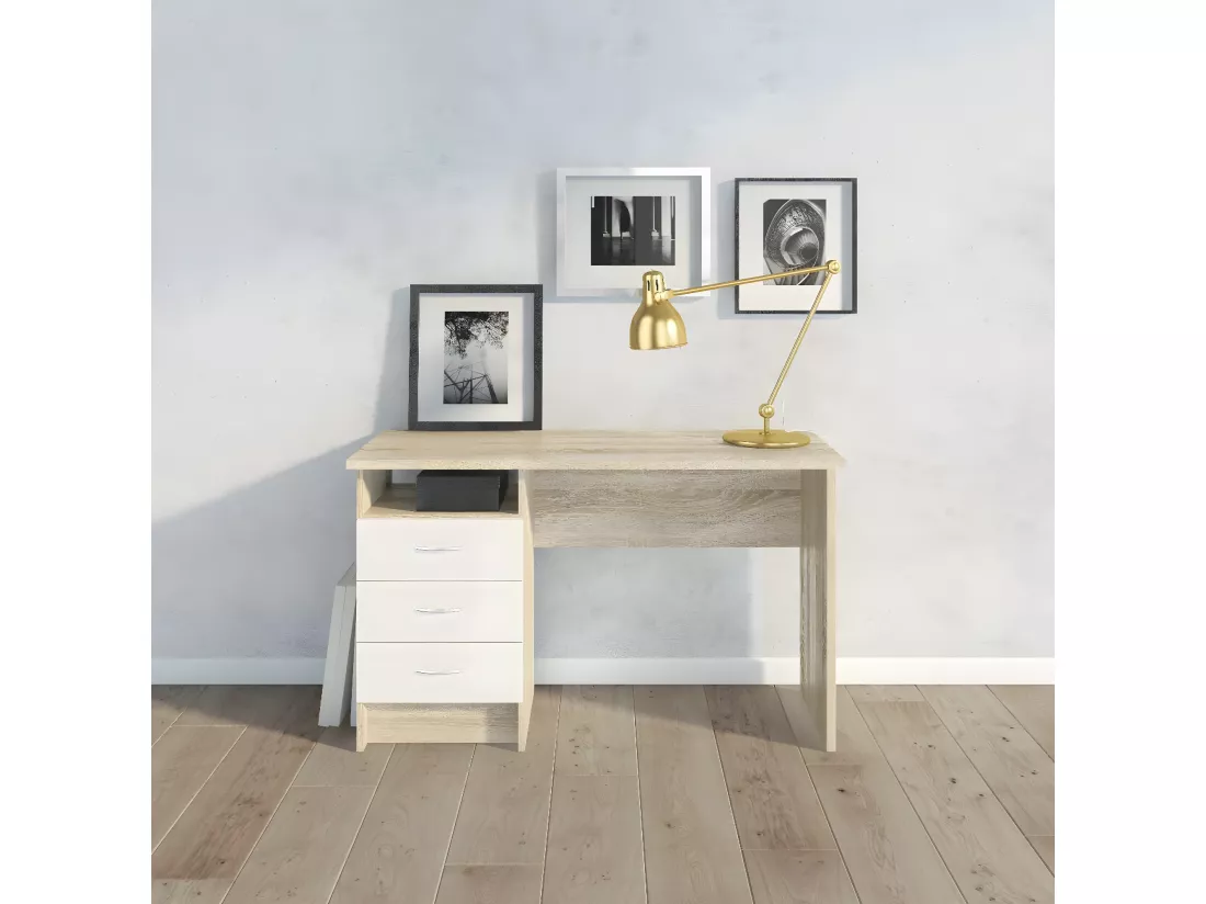 Bureau linéaire à trois tiroirs, couleur chêne blanc, Dimensions 120 x 72 x 48 cm