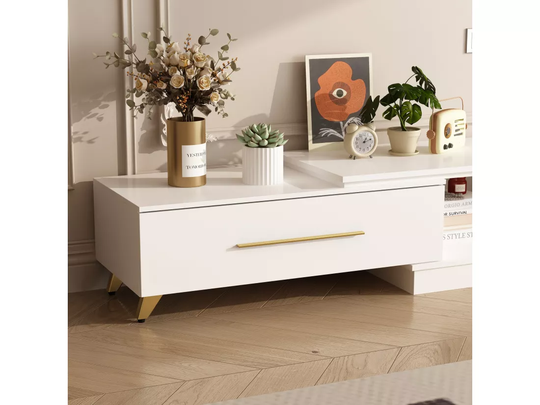 Meuble TV avec longueur réglable,support TV,Meuble bas,2 tiroirs,2 compartiments ouverts,238x30x40cm,Blanc