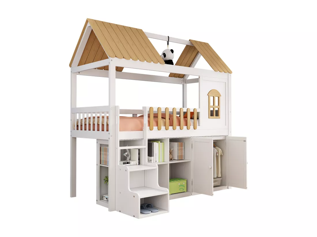 Lit superposé 90x200 cm - en bois de pin - avec étagères, armoire et escalier de rangement - Blanc & Naturel