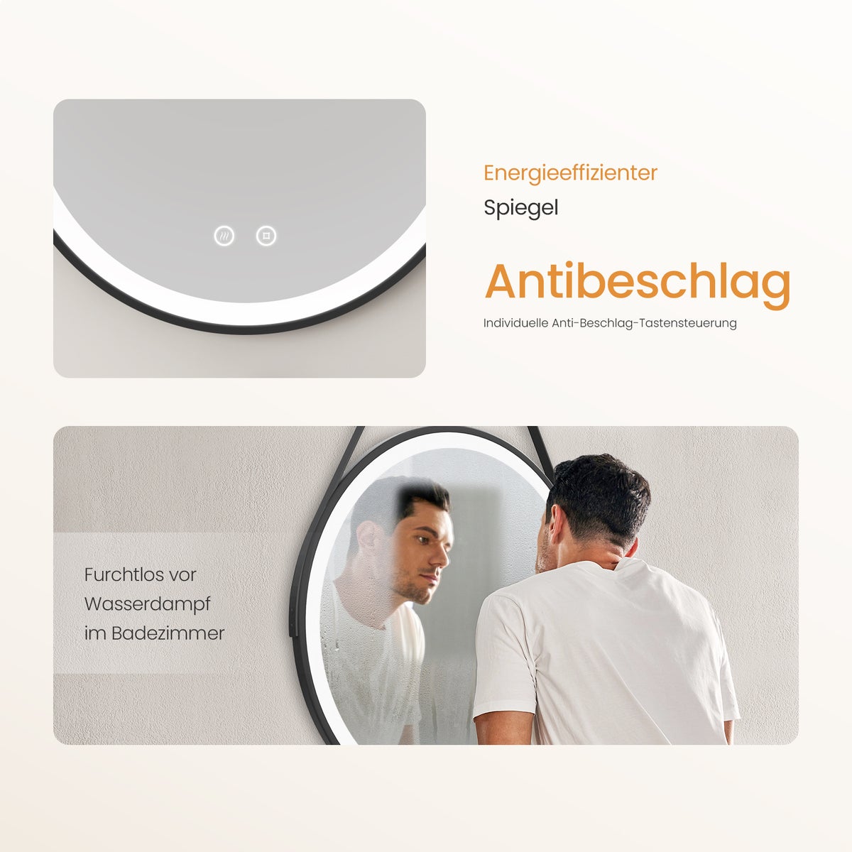 EMKE Badkamerspiegel met verlichting, LED-spiegel met aanraakschakelaar, rond, anti-condens, Ø 80 cm, koel wit