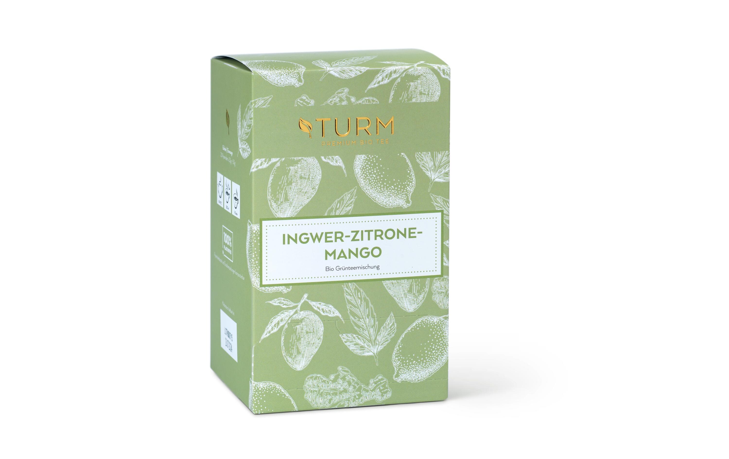 Teebeutel Bio Ingwer-Zitrone-Mango Grüntee 20 StückPyramidenbeutel mit Grünteemischung und Ingwer-Zitrone-Mango-Geschmack