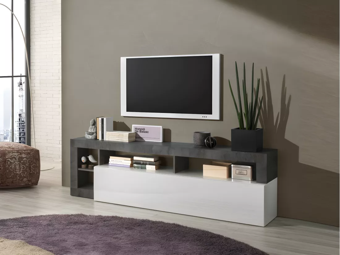 Ensemble Buffet et Meuble TV - Blanc laqué et béton - Séjour contemporain SEFRO