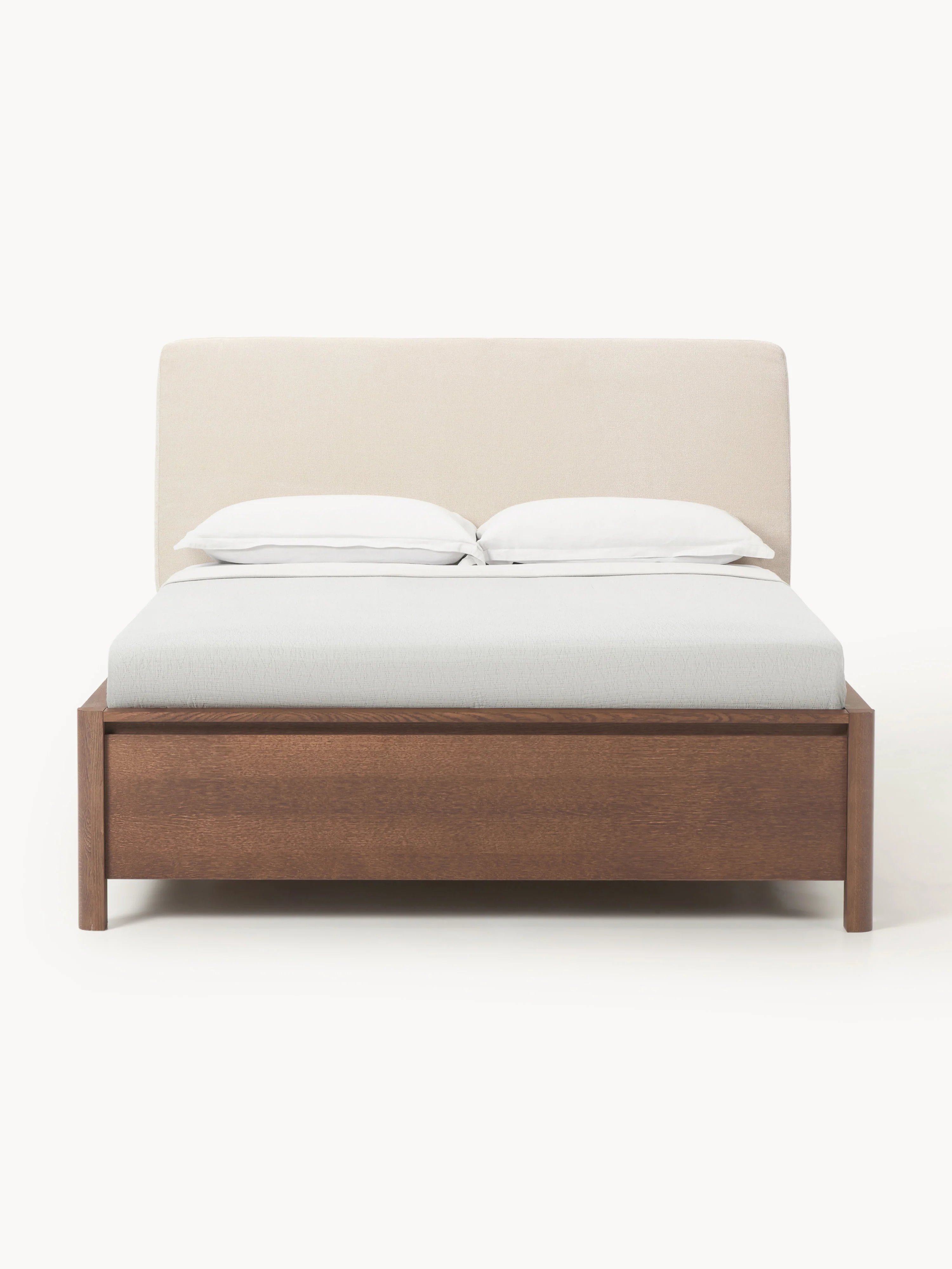 Houten bedframe Santiago met gestoffeerd hoofdeinde en lades