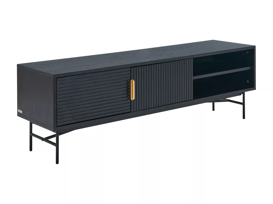 Meuble TV avec 2 portes et 2 niches placage chêne et métal - Noir et Doré - SIRIOLA