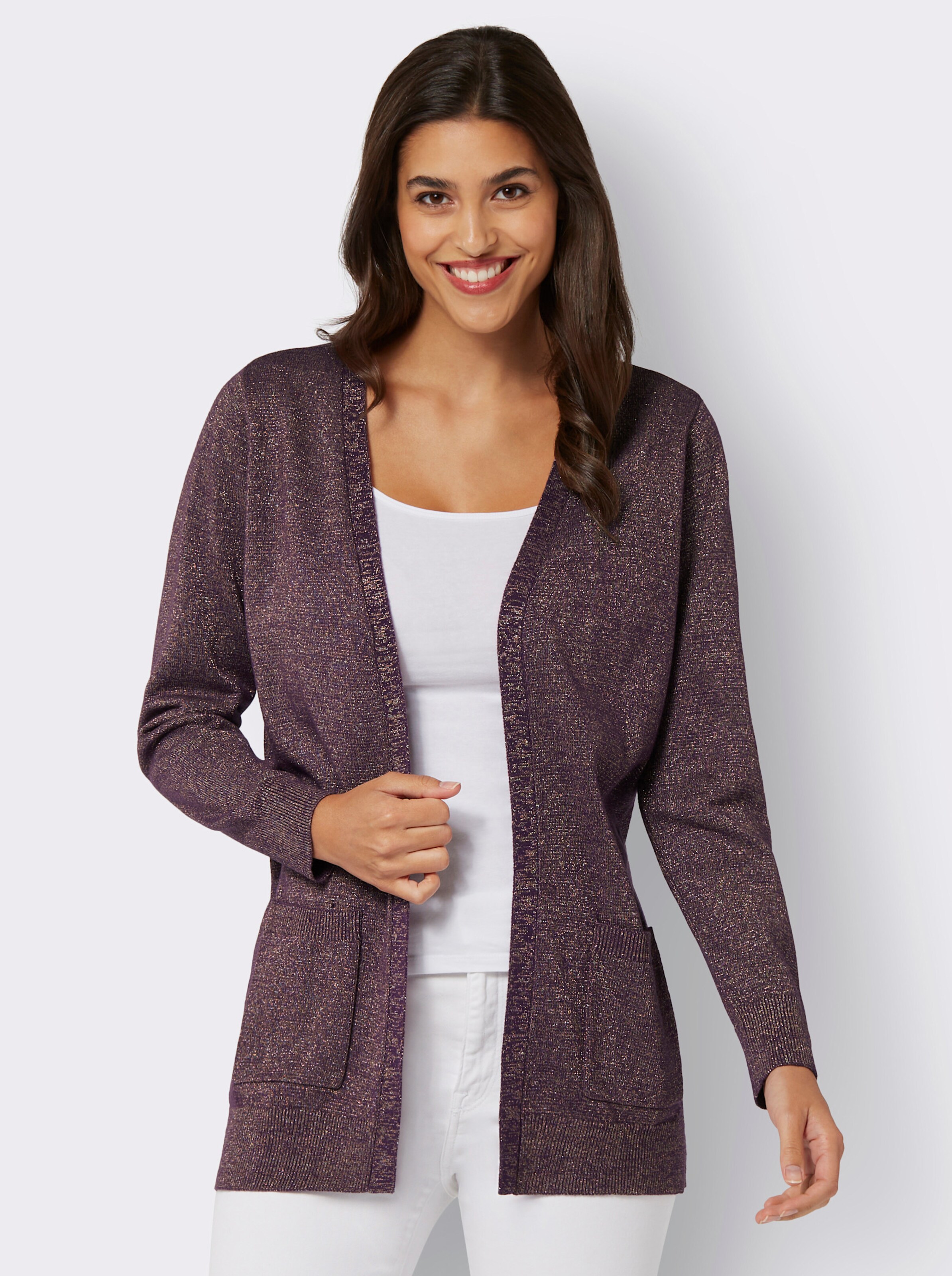 Longstrickjacke mit goldfarbenem Glanzgarn