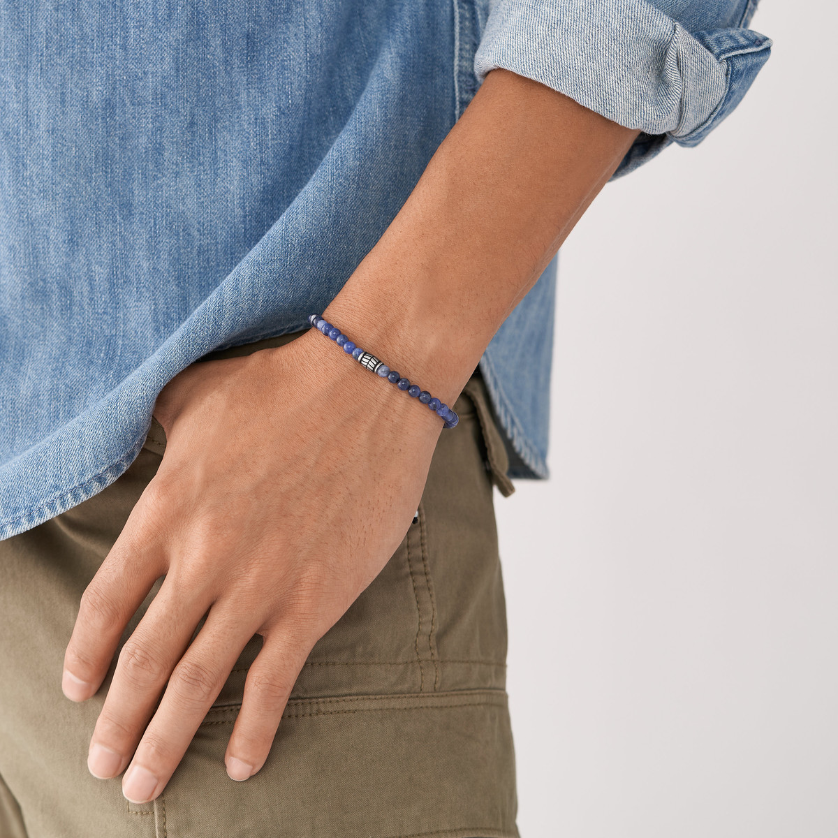Bracelet FOSSIL acier inoxydable cordon noir sodalites
