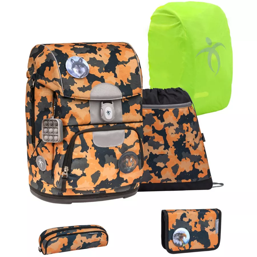 Belmil Schulranzen Motion Schulranzen Set 6-teilig mit Brustgurt, Hüftgurt Orange Camouflage