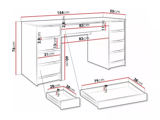 Bureau Comfivo 401, Avec tiroirs, 76x154x55cm, Blanc