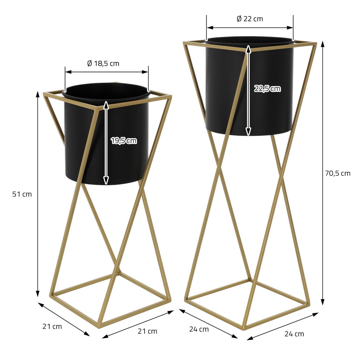 ML-Design Bloemenstandaard, Set van 2, Zwart en Goud, 21x21x51/24x24x70,5 cm, Staal, Bloempotstandaard met plantenbak, Metalen plantenstandaard, 2-delige bloempothouder, Decoratieve plantenbak, Bloemenzuil, Bloemenkruk