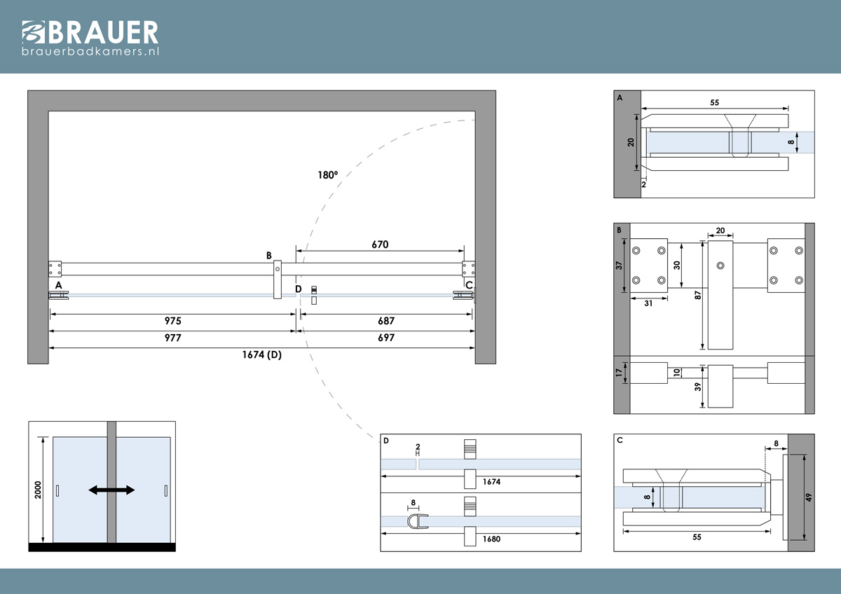 Brauer Void profielloze nisdeur 170cm met draaideur 70cm aan muur chroom