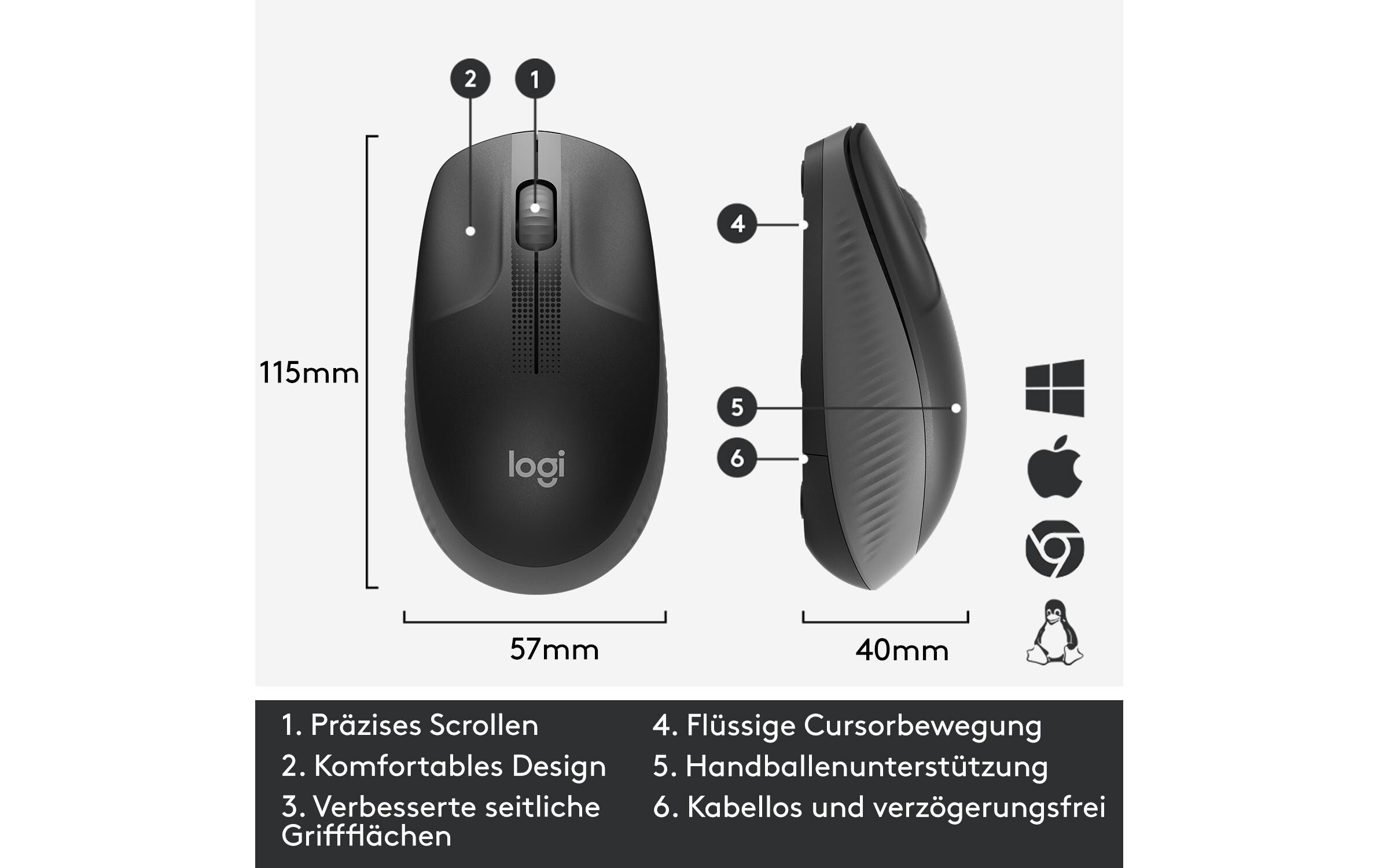 Maus M190 Anthrazit/Schwarz, kabellosUniverselle Arbeitsmaus für alltägliche Büroarbeiten