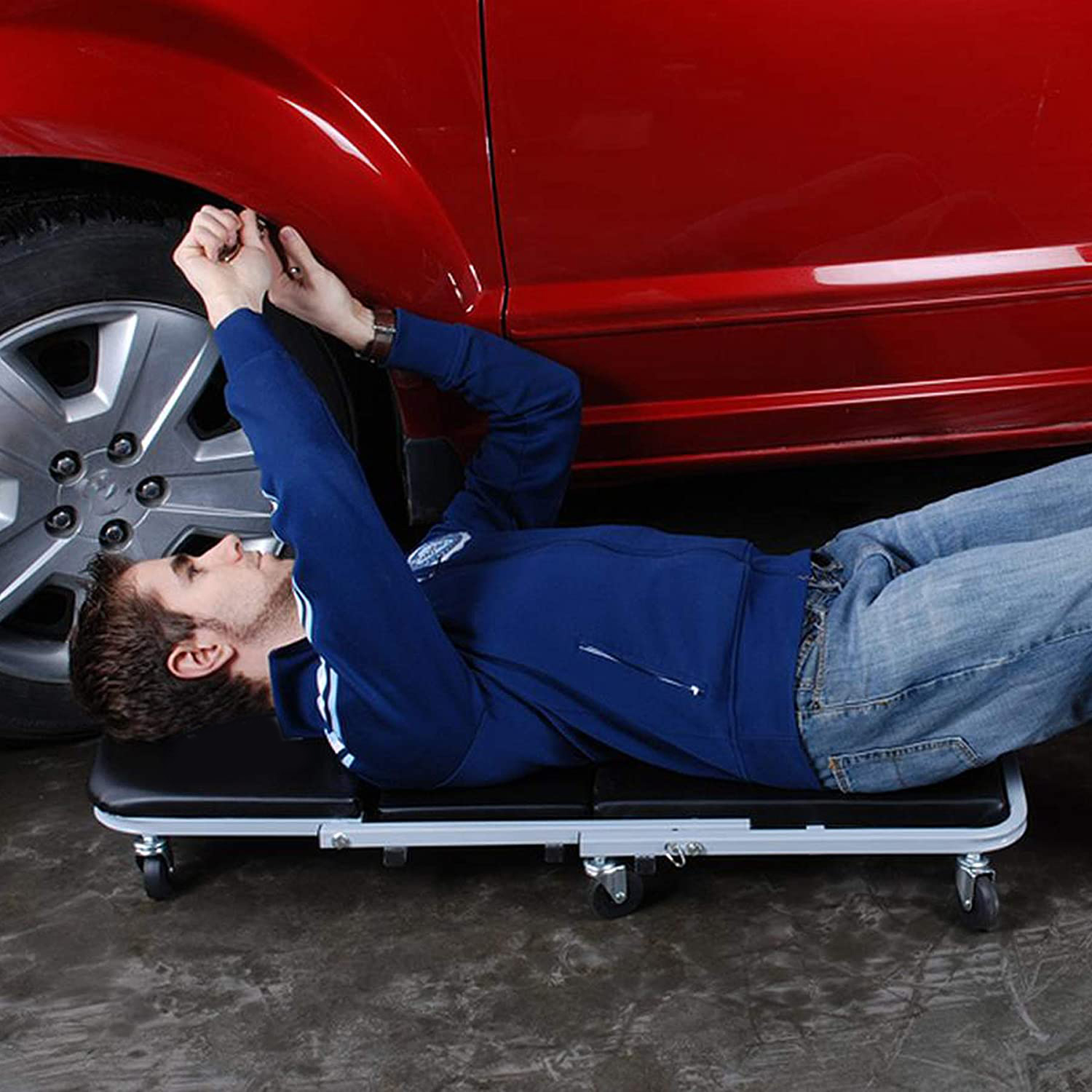 (91x42cm) 2in1 Auto Reparatur Roll Liege Faltbarer Rollsitz - Schwarz