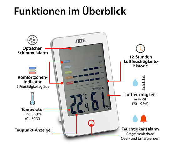 Digitales Hygrometer mit Schimmelalarm, weiß