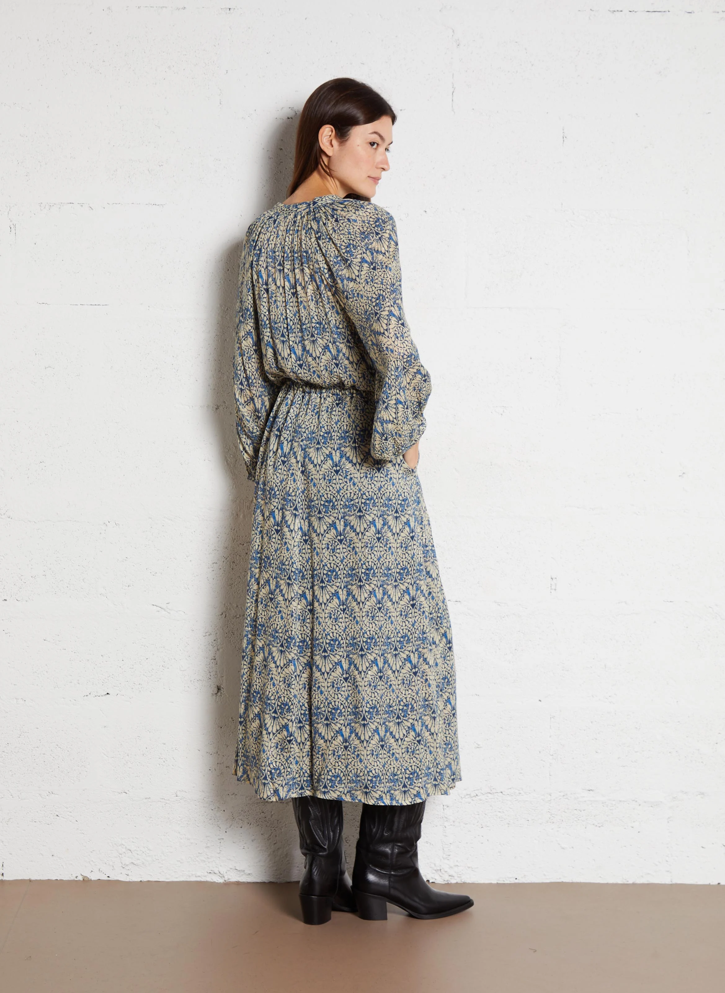 ANTONELLA - Robe longue droite imprimé cachemire | Bleu