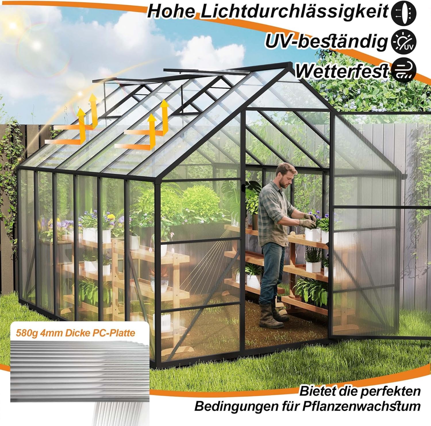 Premium Gewächshaus Aluminium 310x250x205cm 7.75m² Begehbares Garten-Gewächshaus mit verstärktem Fundament & Dachfenster & Tür Wetterfest & temperaturbeständig für Tomaten, Gemüse & Pflanzen