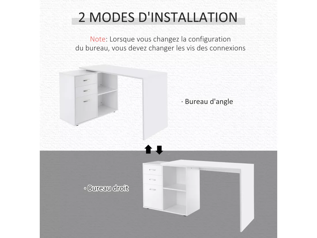 Bureau d'angle bureau droit modulable 2 en 1 bureau informatique tiroirs x 3 + 2 niches MDF blanc