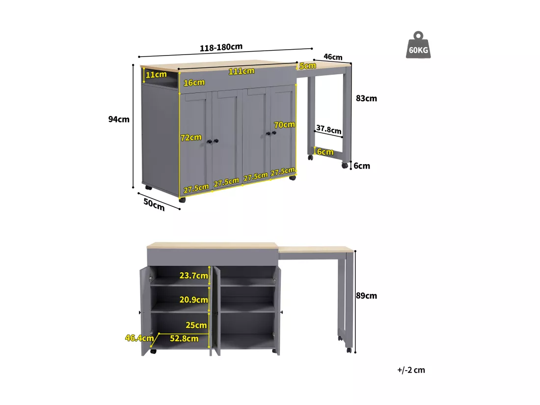 Ilot central de cuisine avec table à manger et 4 portes - 118/180 x 50 x 94 cm - MDF - Gris