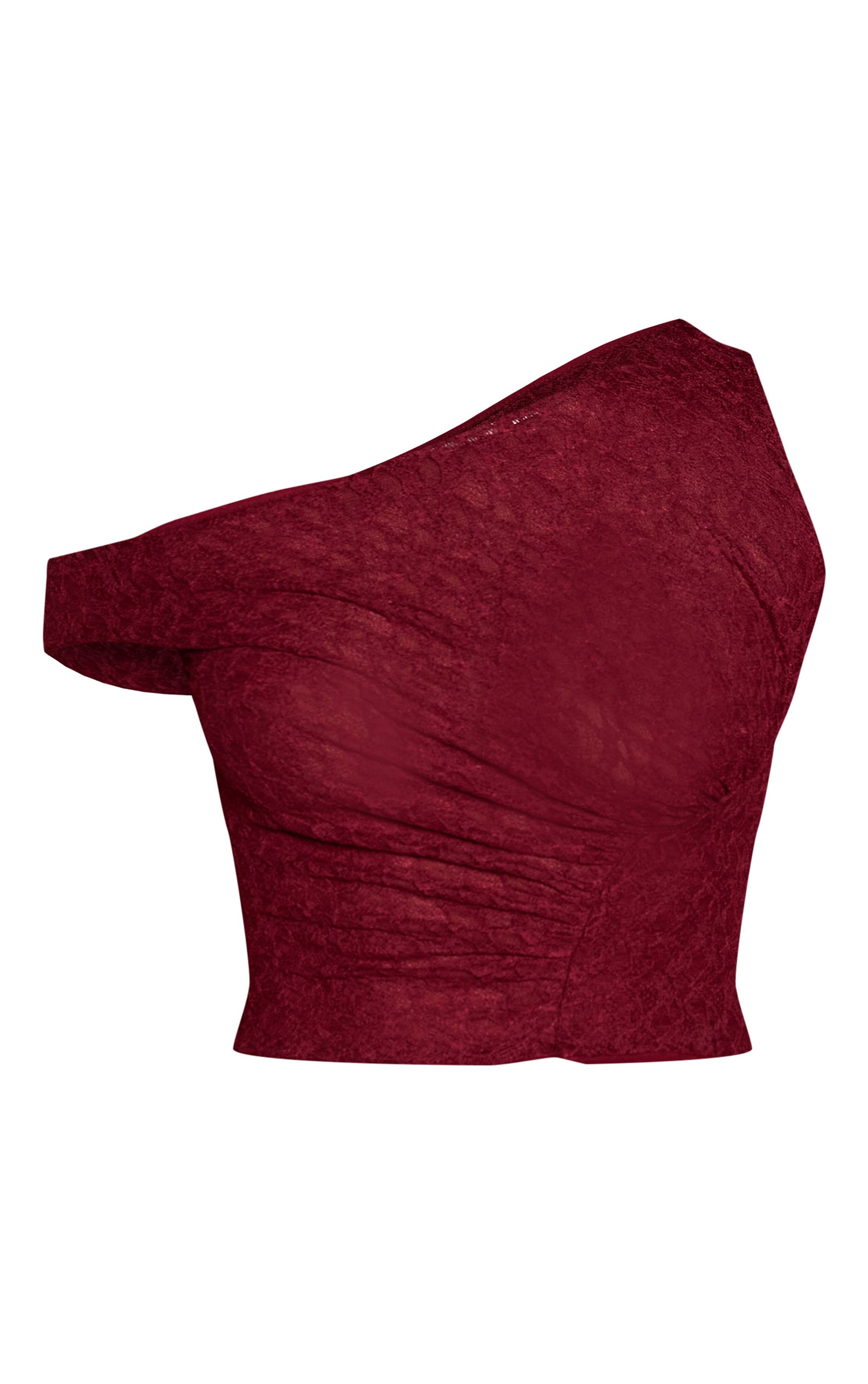 Dark Wine Top Court Asymétrique En Dentelle Froncé
