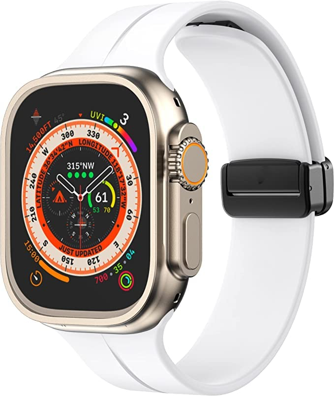 Apple Watch (49/46/45/44 mm) Ersatz Silikon Sport Armband mit magnetischer Faltschliesse (Gelenkumfang: 175-210mm) - Weiss