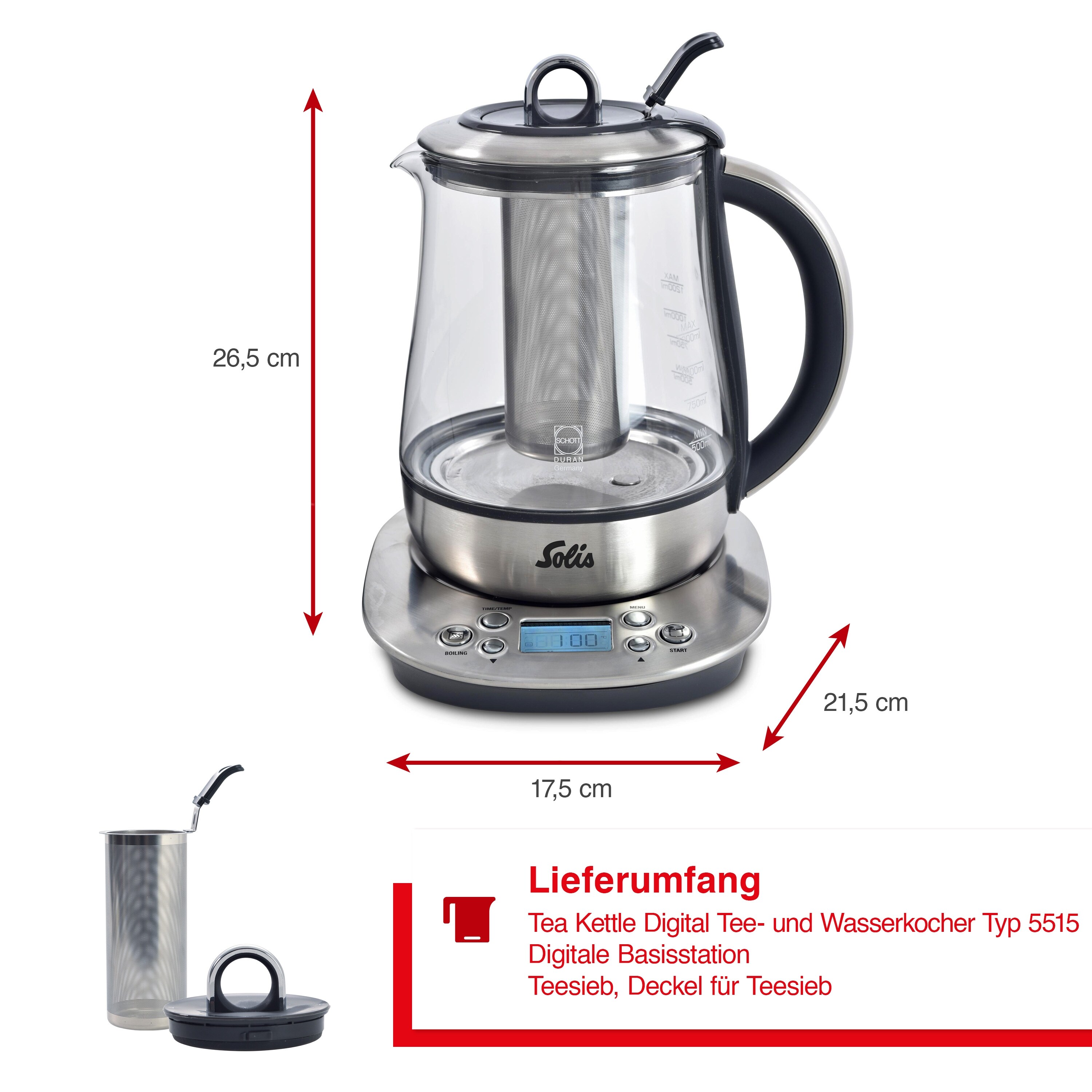 Solis Tee- & Wasserkocher, 1,2 L Volumen, Programmierbare Tee Tasten