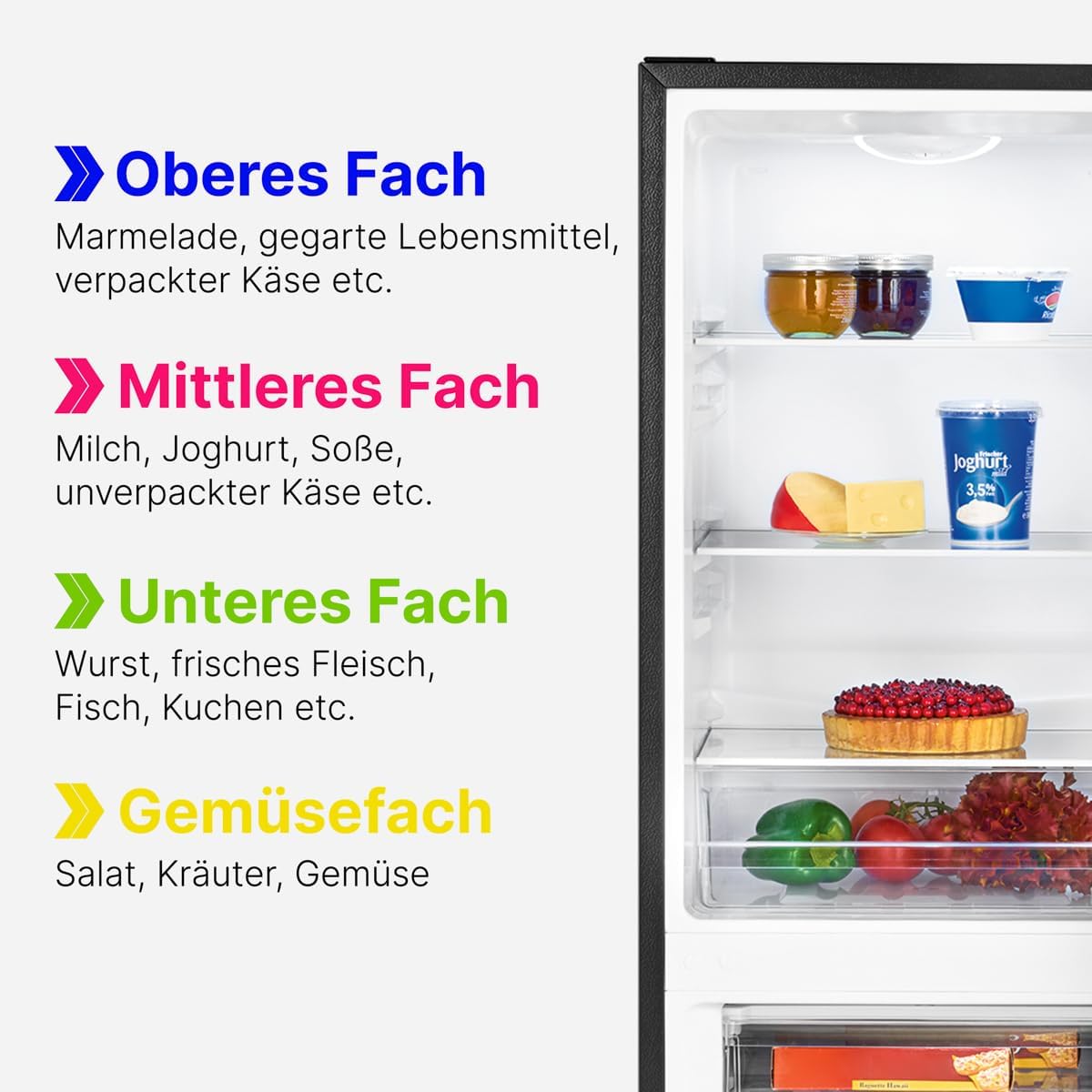 Bomann® Kühlschrank mit Gefrierfach | Energieklasse D | 143cm | Kühl Gefrierkombination leise 39 dB | 3 Ablagen & 3 Schubladen | Türanschlag wechselbar | 175L Kühlgefrierkombi | KG 322.1 schwarz