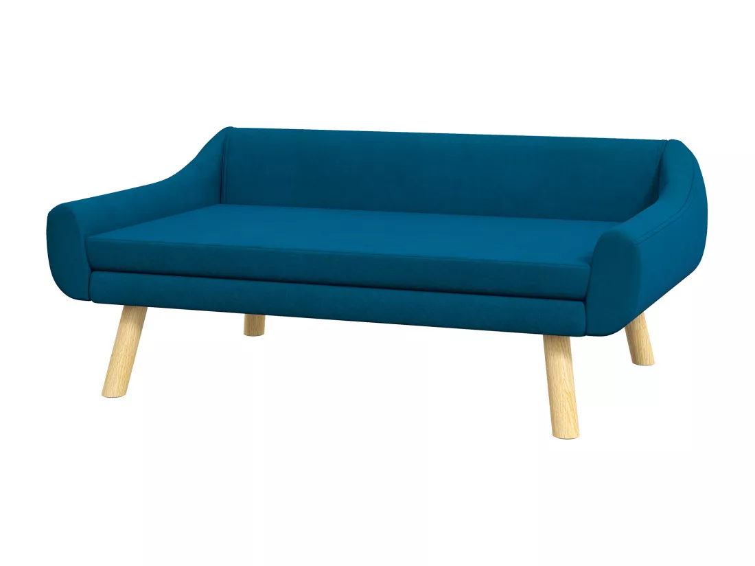 Canapé chien lit pour chien design scandinave - coussin moelleux déhoussable, pieds bois - velours bleu canard