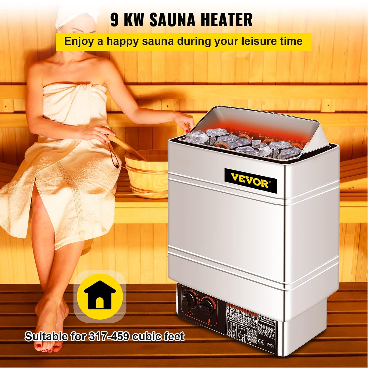 FlowerW Saunaofen 9 KW, Sauna Elektroherd 380 V - 415 V, Elektrischer Saunaofen 2 Modi (Temperatur, Zeit), mit Externem Steuergerät und 3M-Temperatursensor