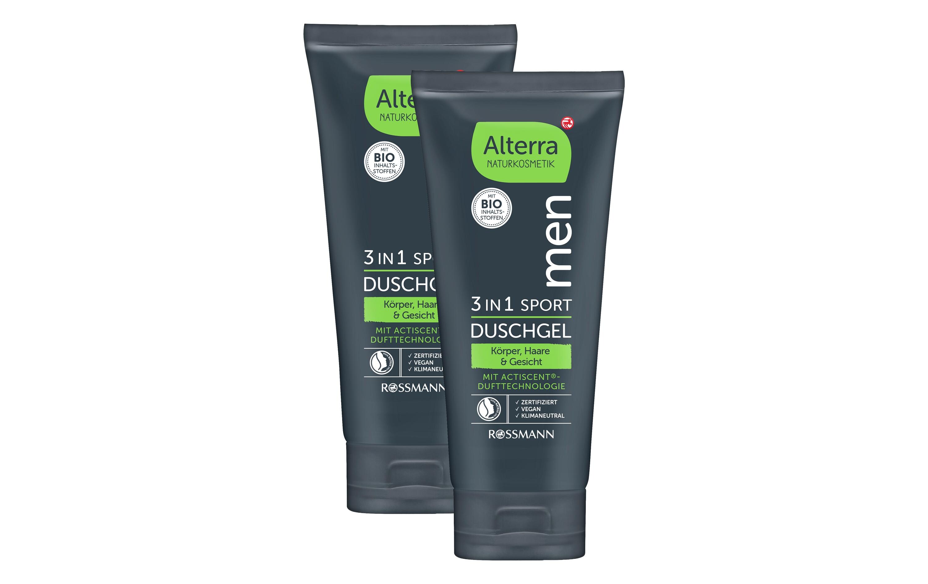 Duschgel Men 3 in 1 Sport 2 x 200 mlNatürliches Duschmittel mit würzigem Duft für Gesicht, Haare und Körper