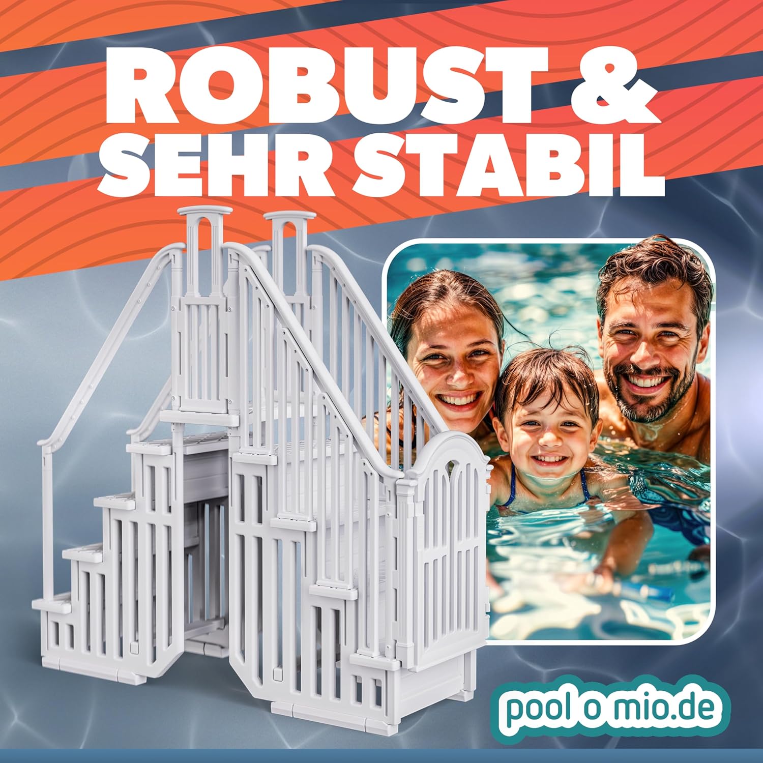 Poolomio Poolleiter beidseitig für Aufstellbecken bis 137 cm Höhe | Doppelte Pooltreppe Easy-Entry aus HDPE-Polyethylen | Leiter mit rutschfesten Sprossen, Geländer und verschliessbarer Tür