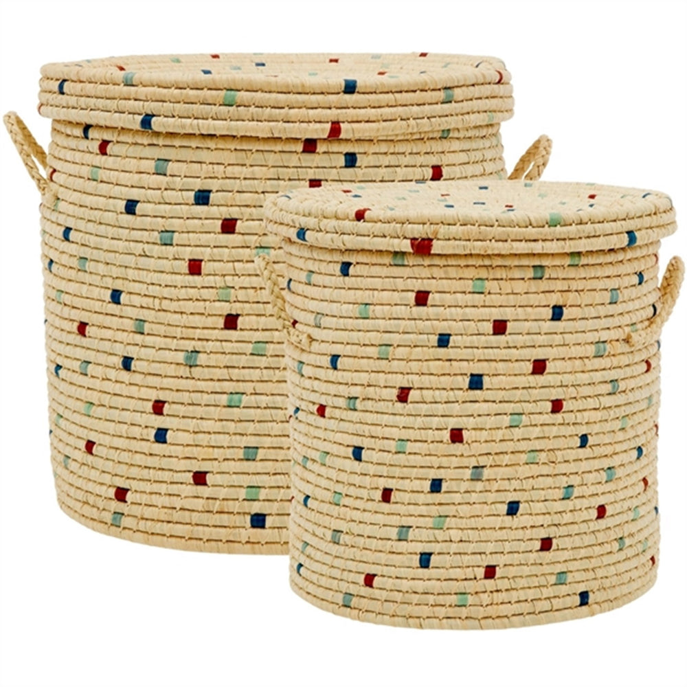 Blue Details Rund Raffia Opbevaringskurv 2-pak