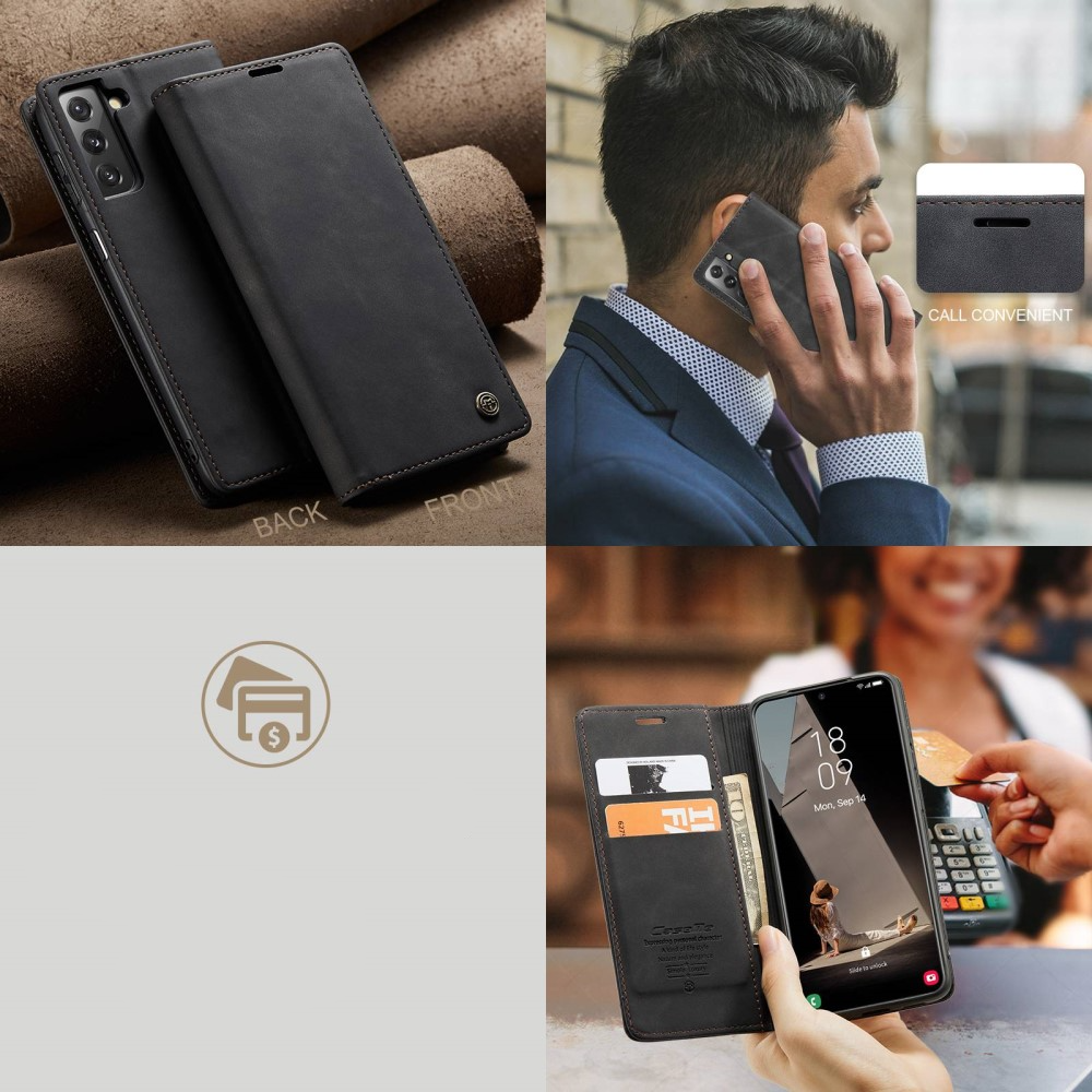 Samsung Galaxy S21 FE 5G Leder Tasche Flip Wallet Etui mit Kartenfächern - Schwarz
