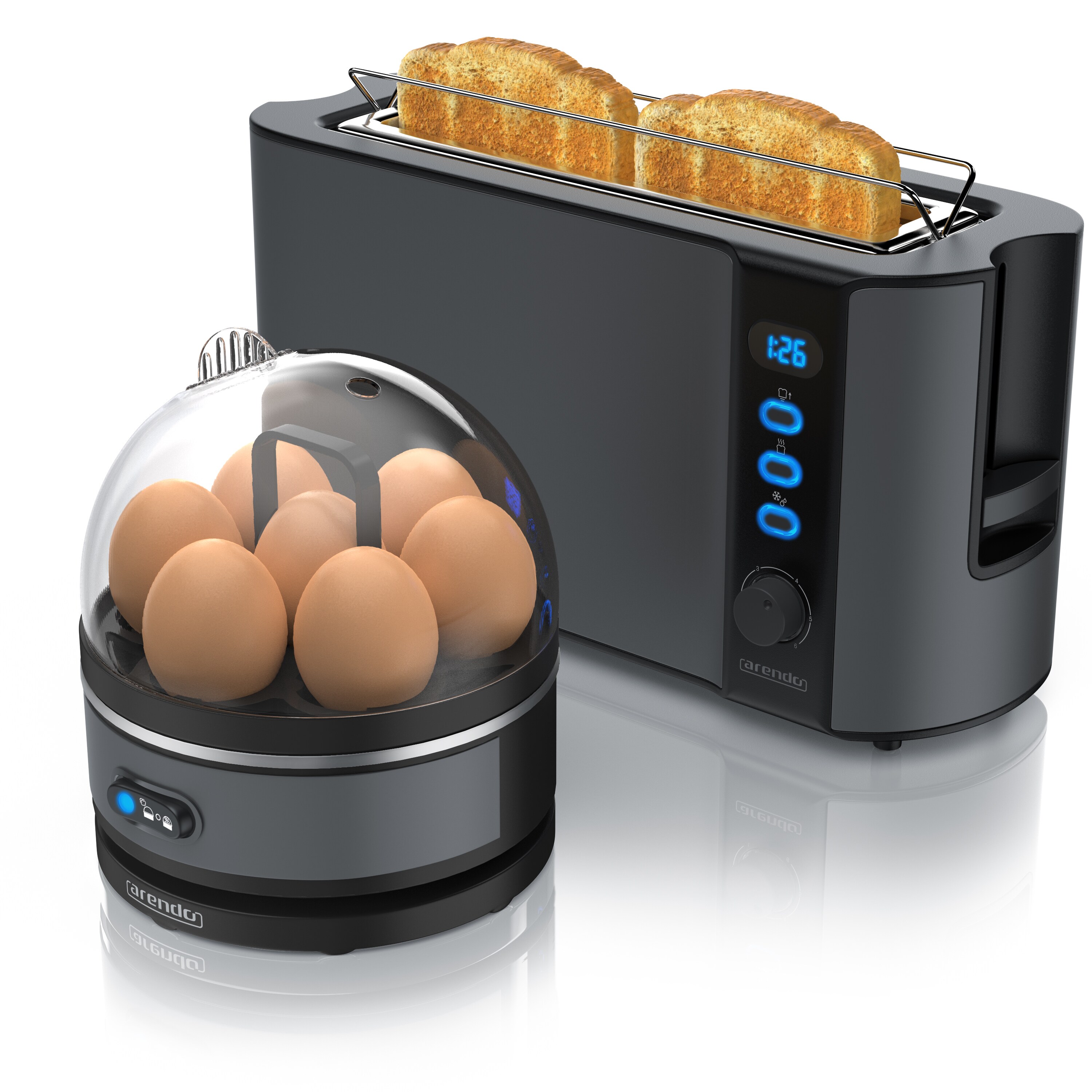 Arendo - SET Toaster FRUKOST mit Eierkocher SEVENCOOK Edelstahl Grau, Toaster 2 Scheiben, LED-Display, 6 Bräunungsgrade, Brötchenhalter - Eierkocher