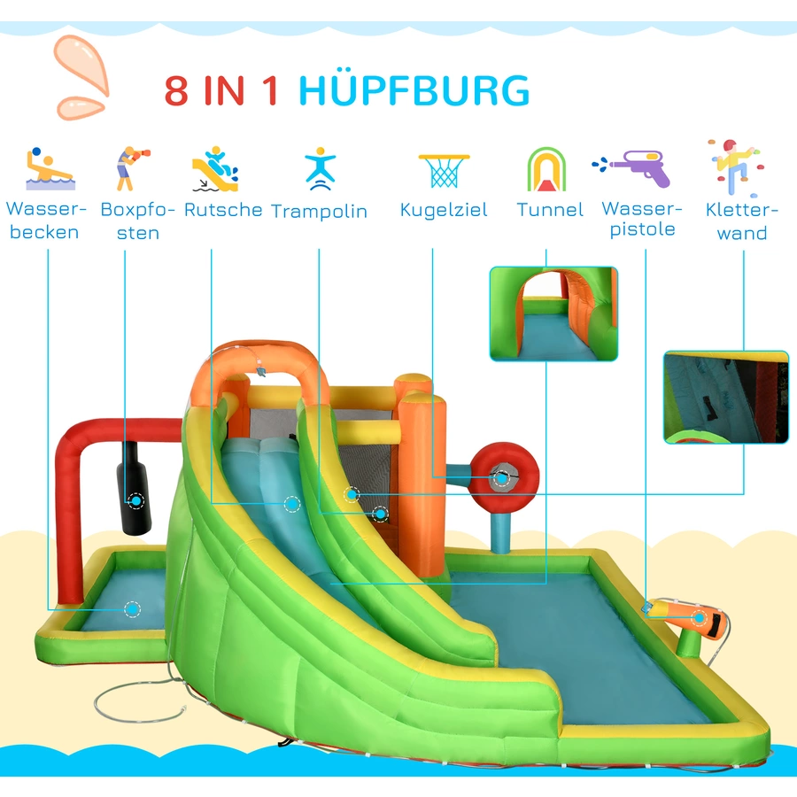 Outsunny Hüpfburg mit Wasserbecken, Boxpfosten, Rutsche und Tunnel bunt