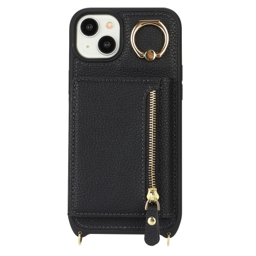 iPhone 14 / iPhone 13 Necklace Leder Hülle mit Münzfach und Kartenfächer   Finger Griff Halterung   Handykette - Schwarz