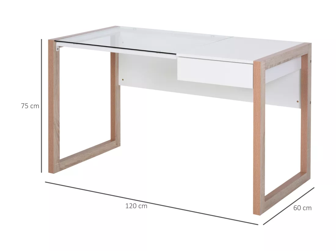Bureau Informatique Table de Travail Ordinateur avec Grand Plateau en Verre Trempé et Tiroir Intégré Idéal pour Bureau Chambre 120 x 60 x 75 cm Blanc et Bois