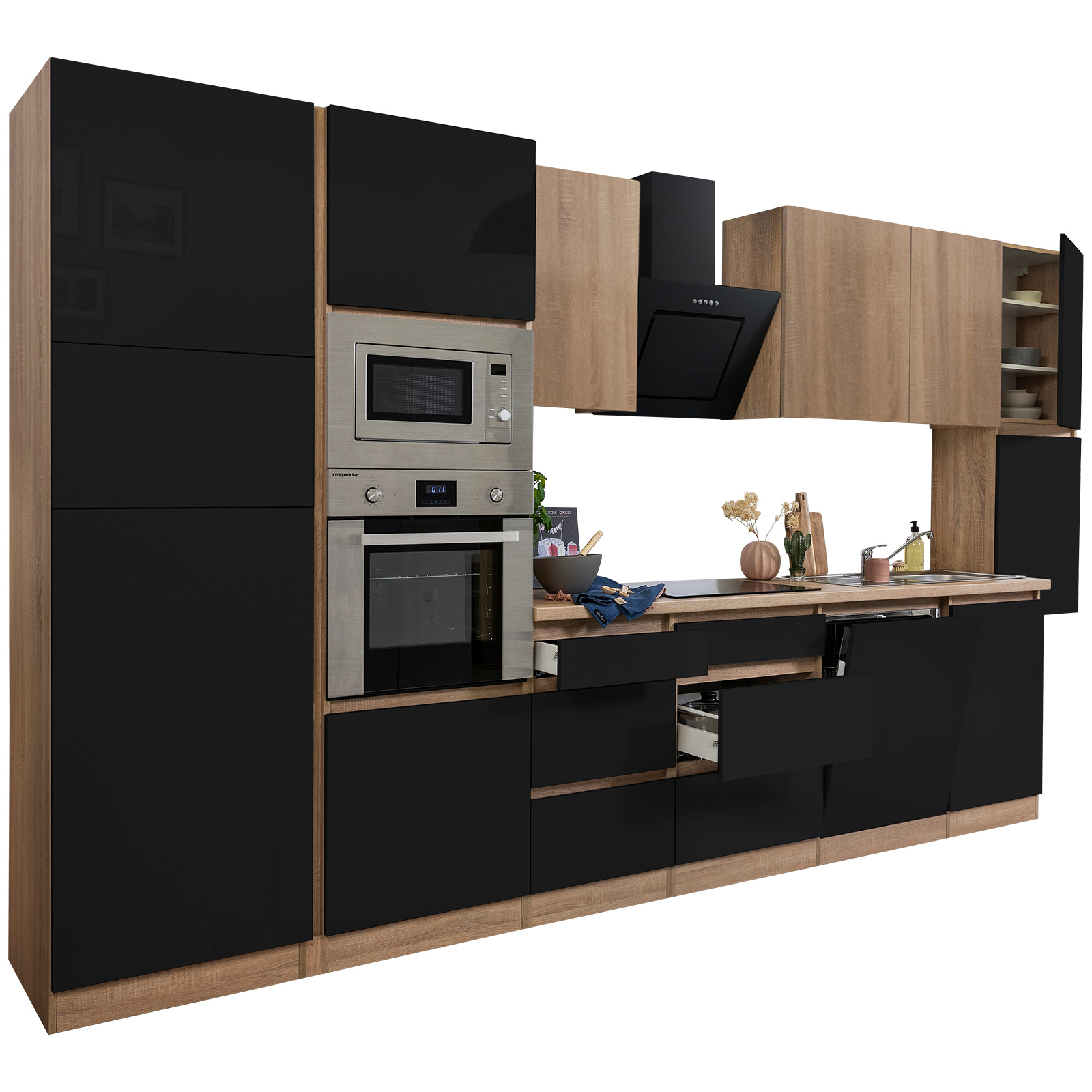 RESPEKTA Küchenblock - schwarz Hochglanz-Eiche Sägerau - mit E-Geräten - 395 cm