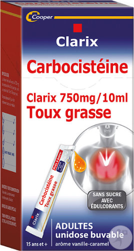 Clarix Carbocistéine 750mg/10ml Toux Grasse Adulte Vanille-Caramel Unidoses 15x10ml