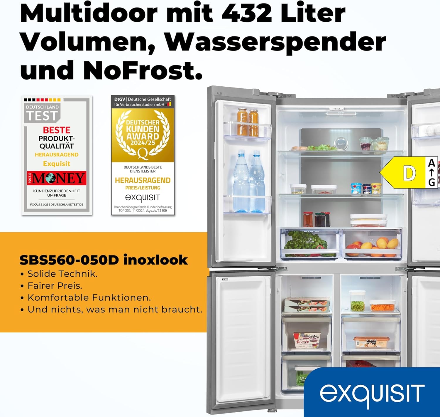 Exquisit Multi-Door Kühlschrank MD430-100-WS-200E inoxlook-az | 432 L Volumen | NoFrost | Wasserspender | Cross Door Kühl-Gefrierkombination