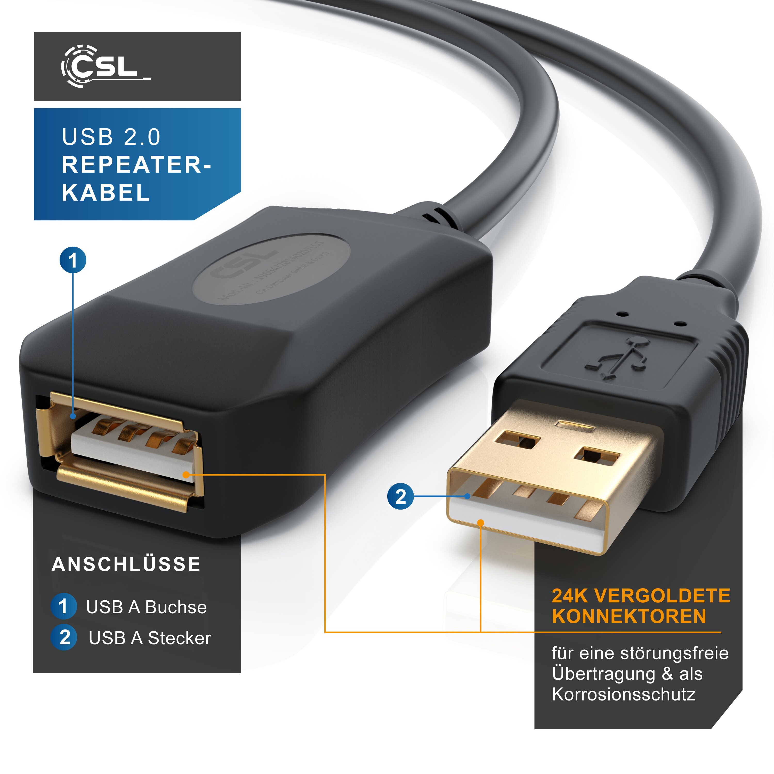 CSL USB 2.0 Typ A Verlängerungskabel, aktives Repeater Kabel / Verlängerung mit Signalverstärkung - 5m