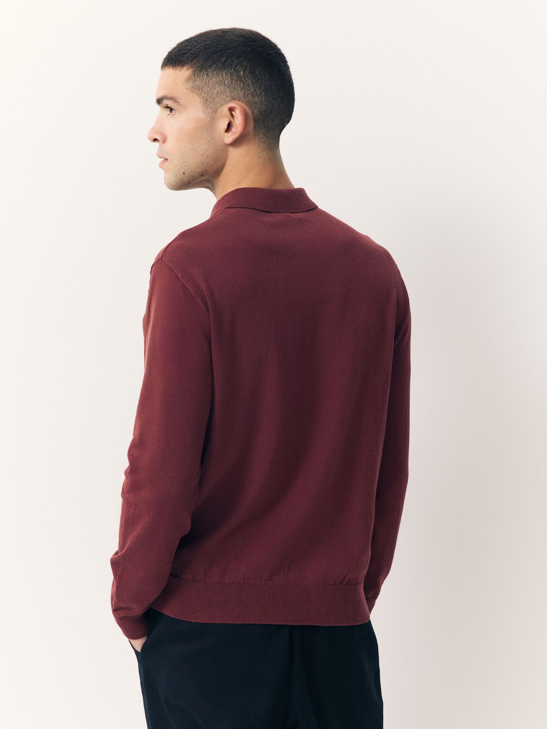 Rood - Normale Pasvorm - Katoenrijk gebreid poloshirt met lange mouwen