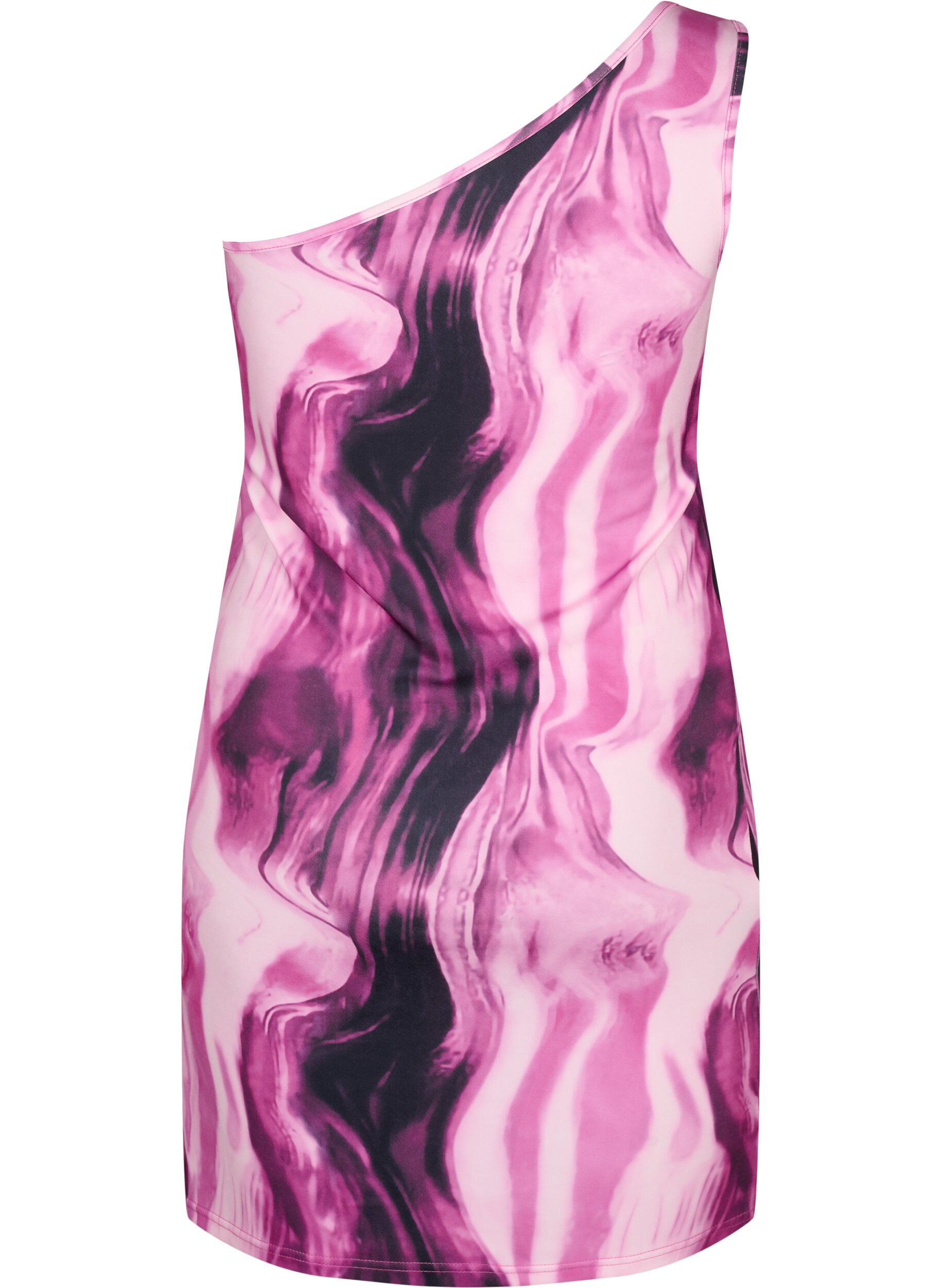 Tætsiddende one-shoulder kjole med print