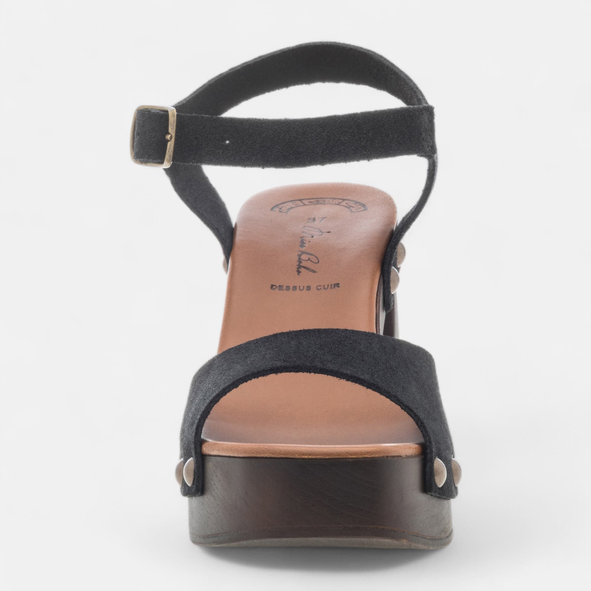 Chaussures semelle bois à talon Femme en cuir noir