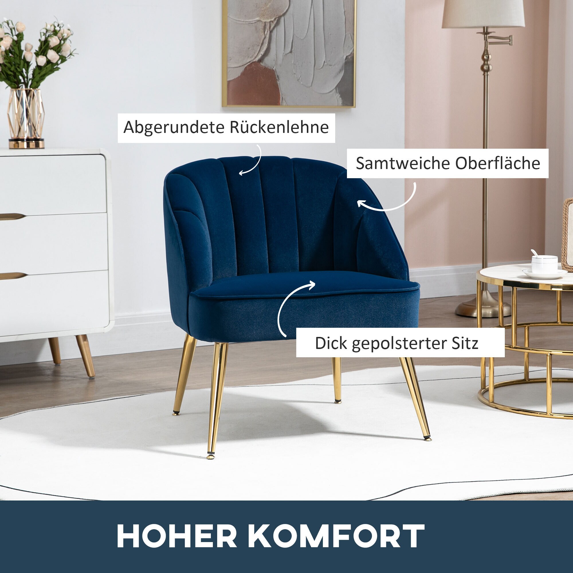 HOMCOM Ohrensessel mit Stahlbeine blau 65L x 64B x 77H cm