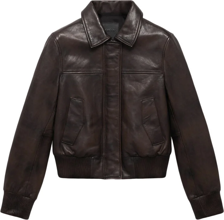 MANGO 100% leather bomber jacket Brown