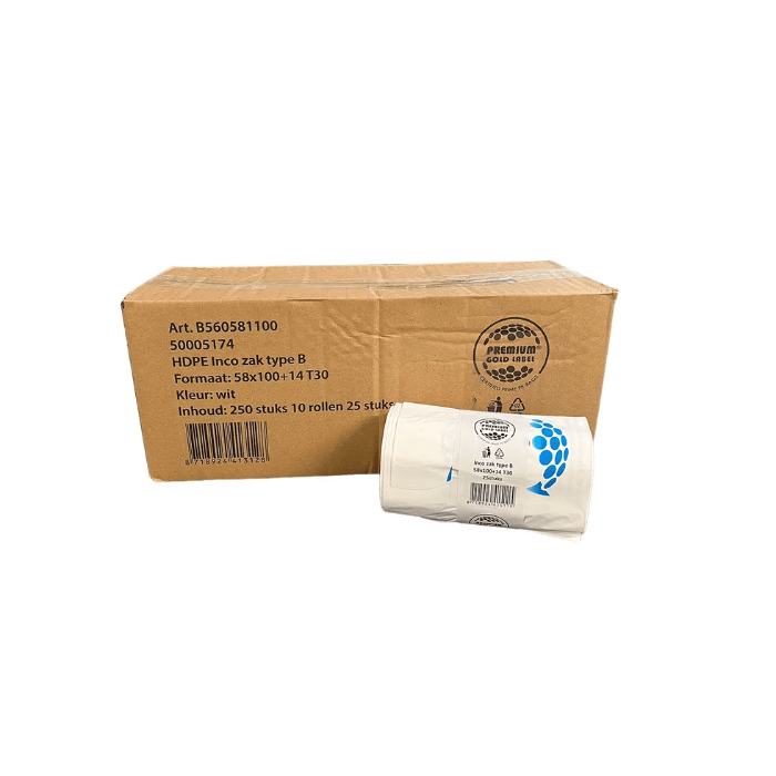 250st Incontinentie afvalzakken HDPE Zak Type B INCO Wit 58x100 14CM 70L T30