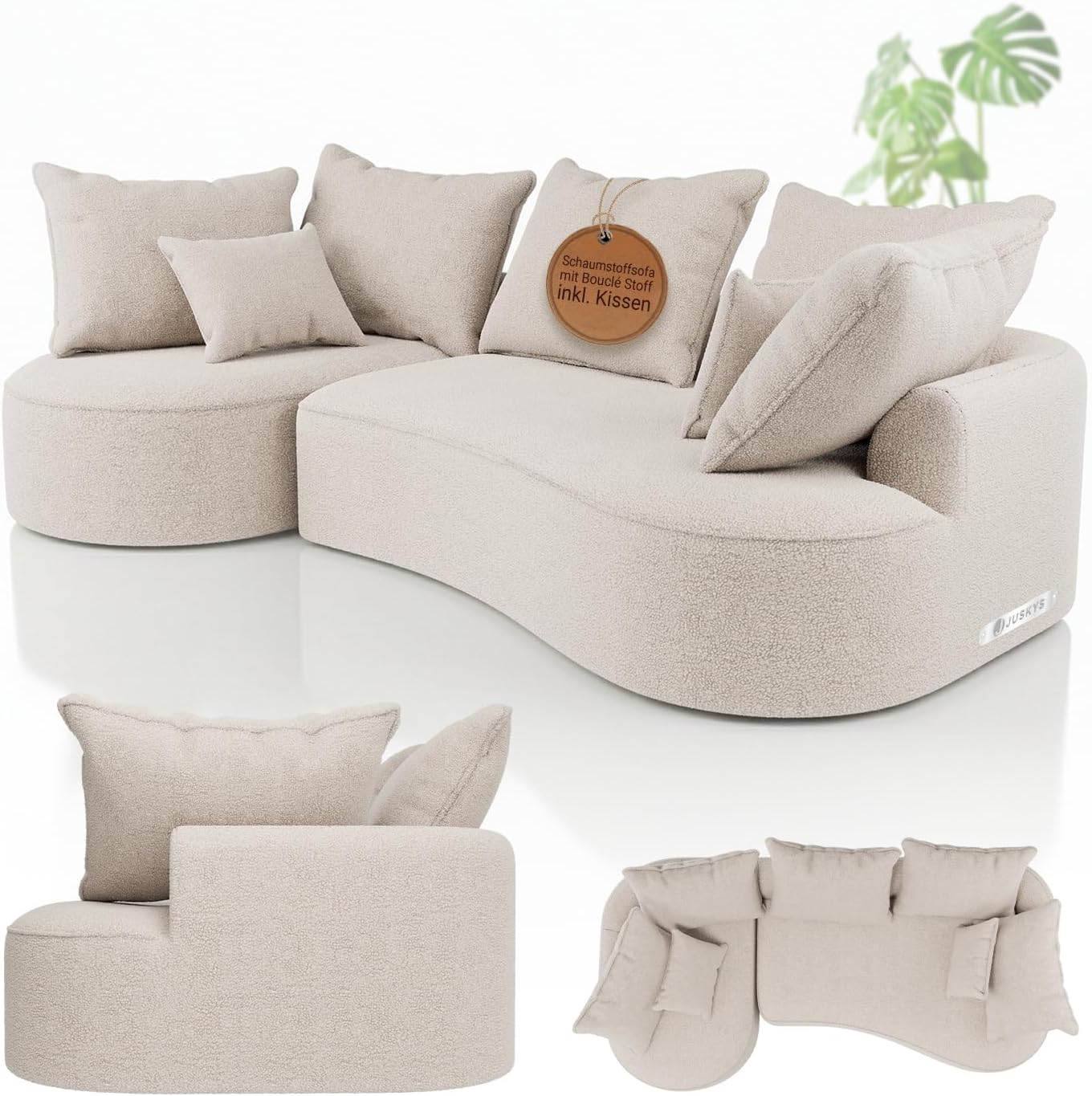 Juskys Sofa Tirano - Bouclé Creme, Ecksofa mit L-Form, mit Rücken- & Dekokissen, 4-Sitzer Eckcouch, Schaumstoff - Ottomane Links