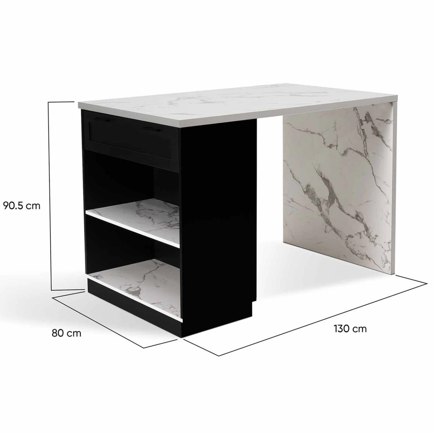 Ilot central mange-debout 4 personnes VITO 130 cm noir et plateau effet marbre ALASKA
